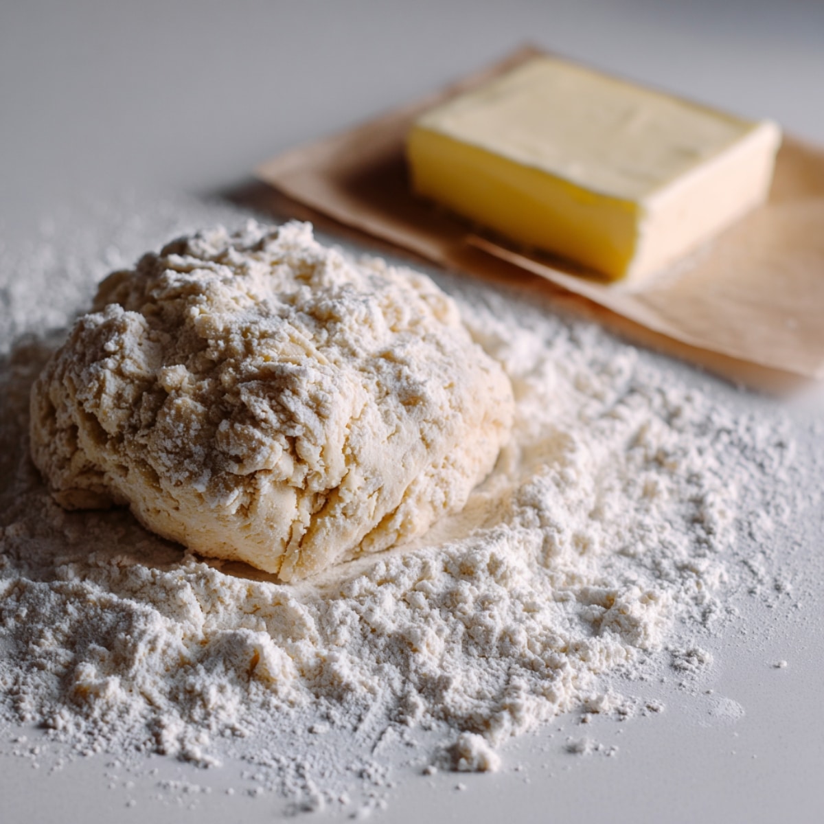 Blueberry croissant dough and butter block on white kitchen counter