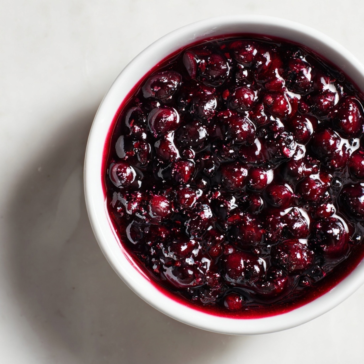 Homemade blueberry topping for Blueberry Delight in white bowl