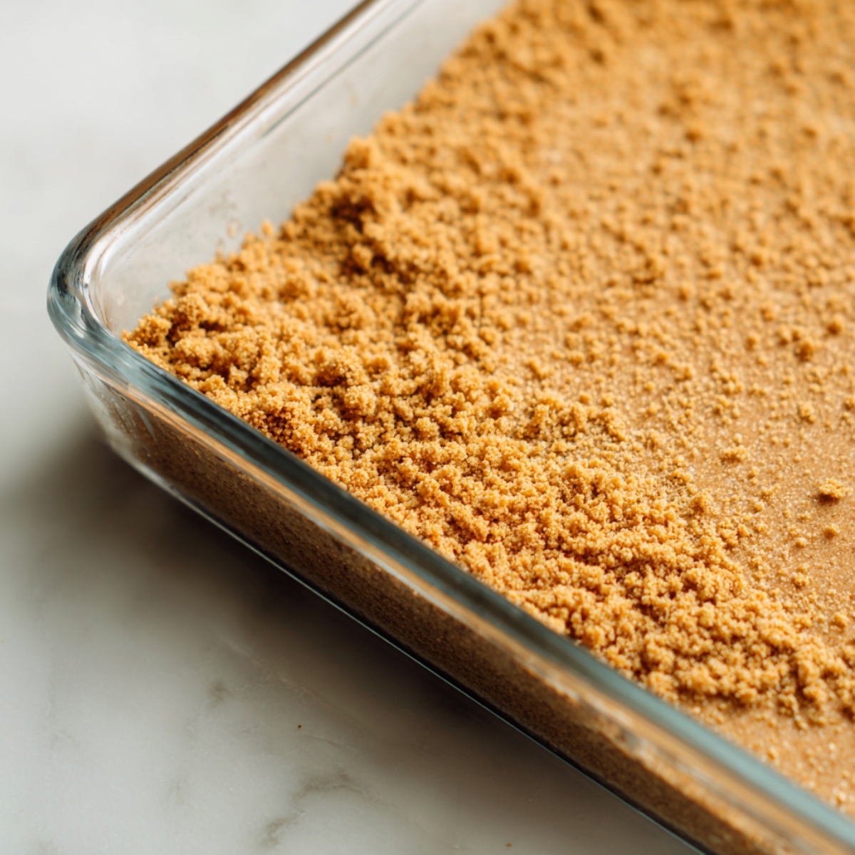 Graham cracker crust layer for Blueberry Delight in glass baking dish
