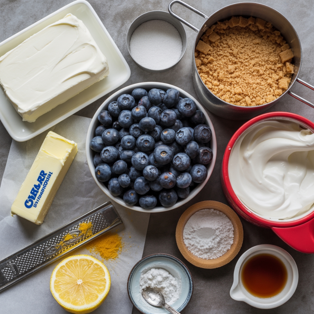 Blueberry Delight ingredients on white kitchen counter