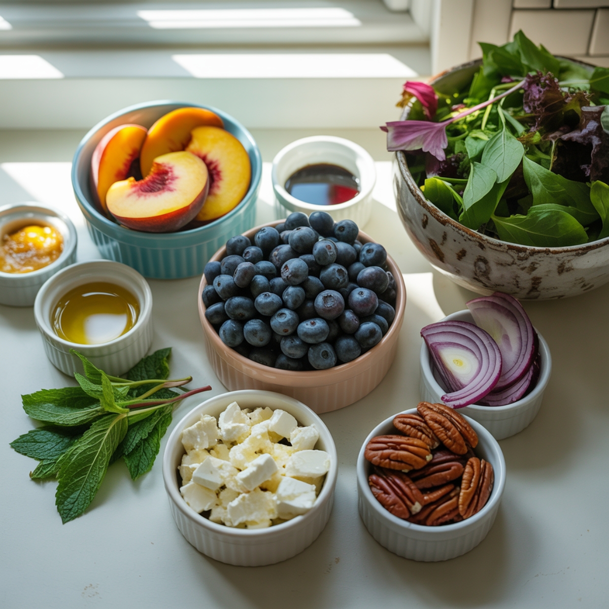 Ingredients for blueberry peach feta salad on a white kitchen counter