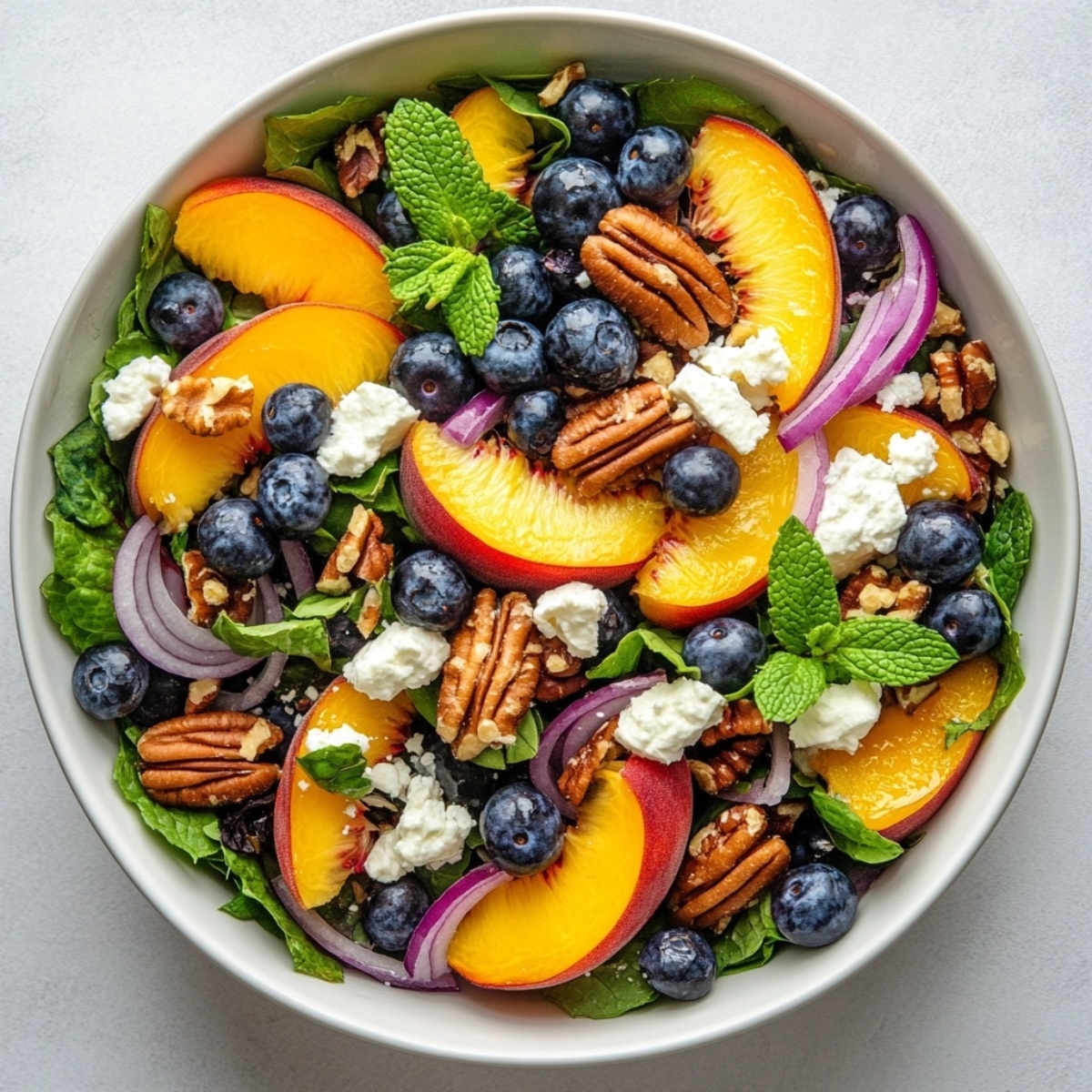 Blueberry peach feta salad served in a bowl on a white kitchen counter

