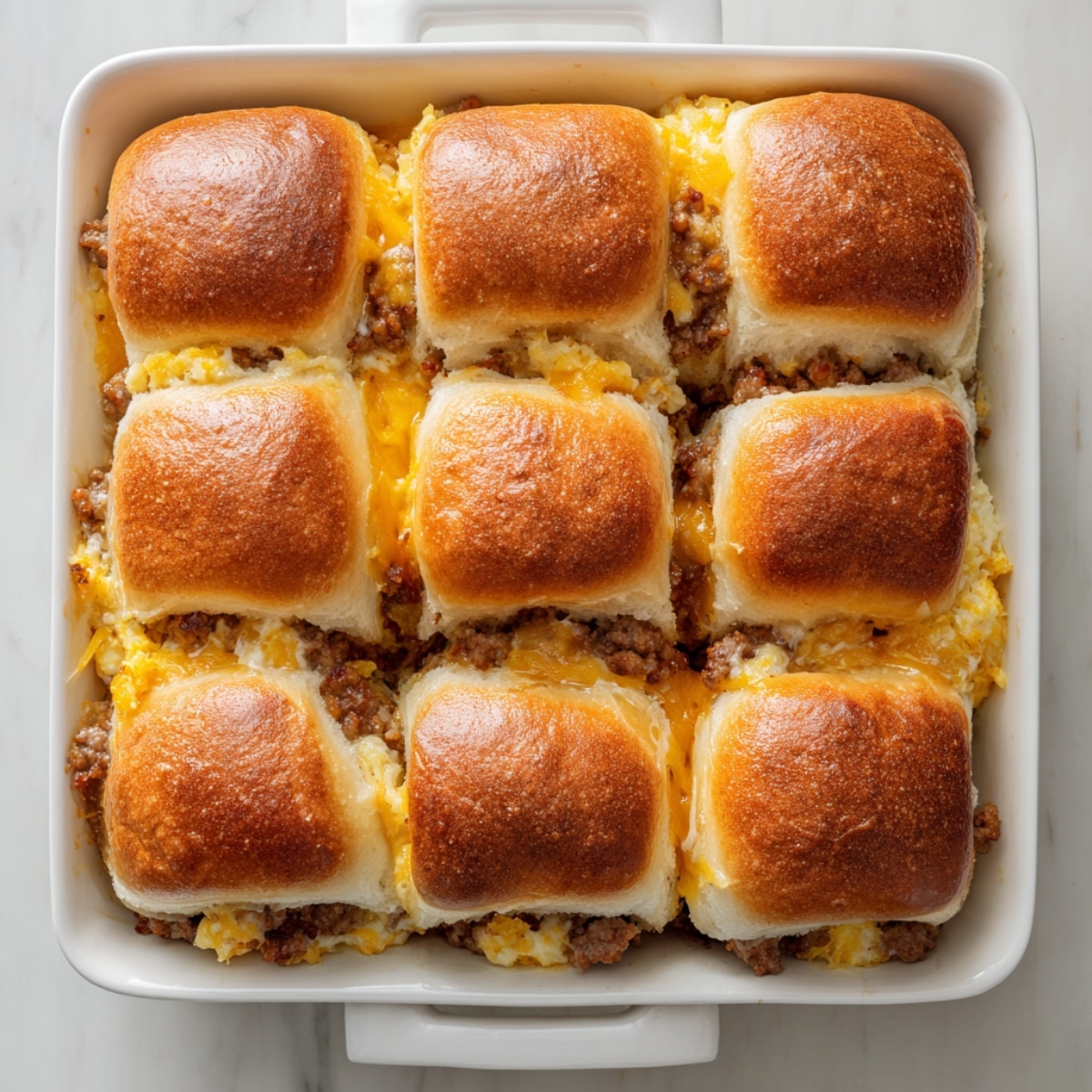 Assembled breakfast sliders with eggs, cheese, and sausage in Hawaiian rolls