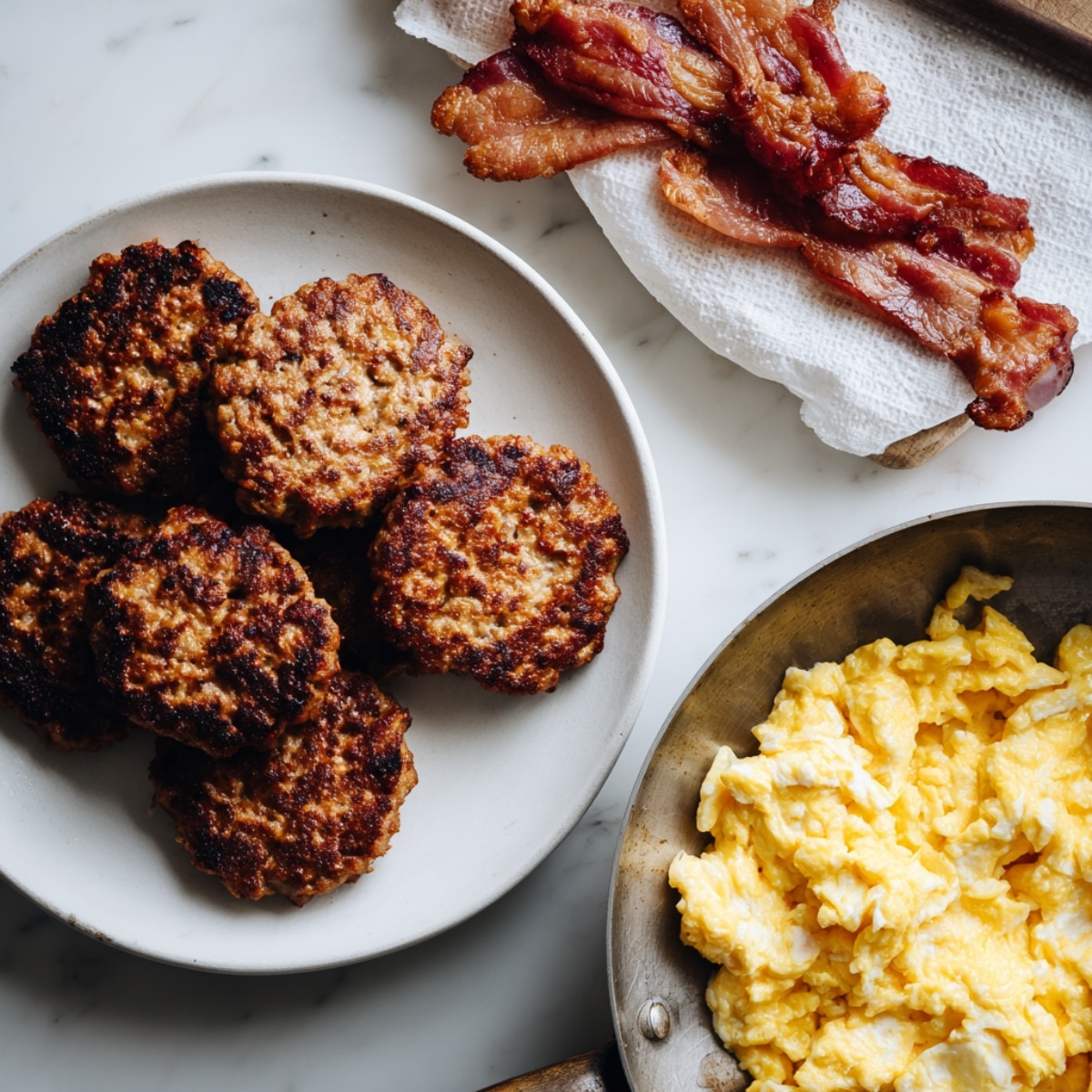 Cooked sausage, bacon, and scrambled eggs for breakfast sliders