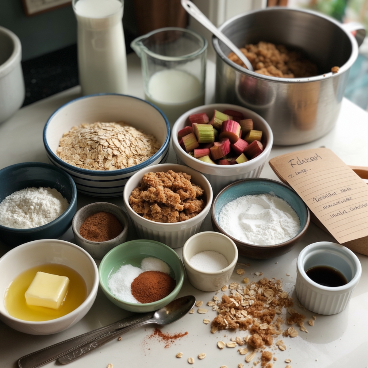 Ingredients for Rhubarb Oat Muffins on white kitchen counter