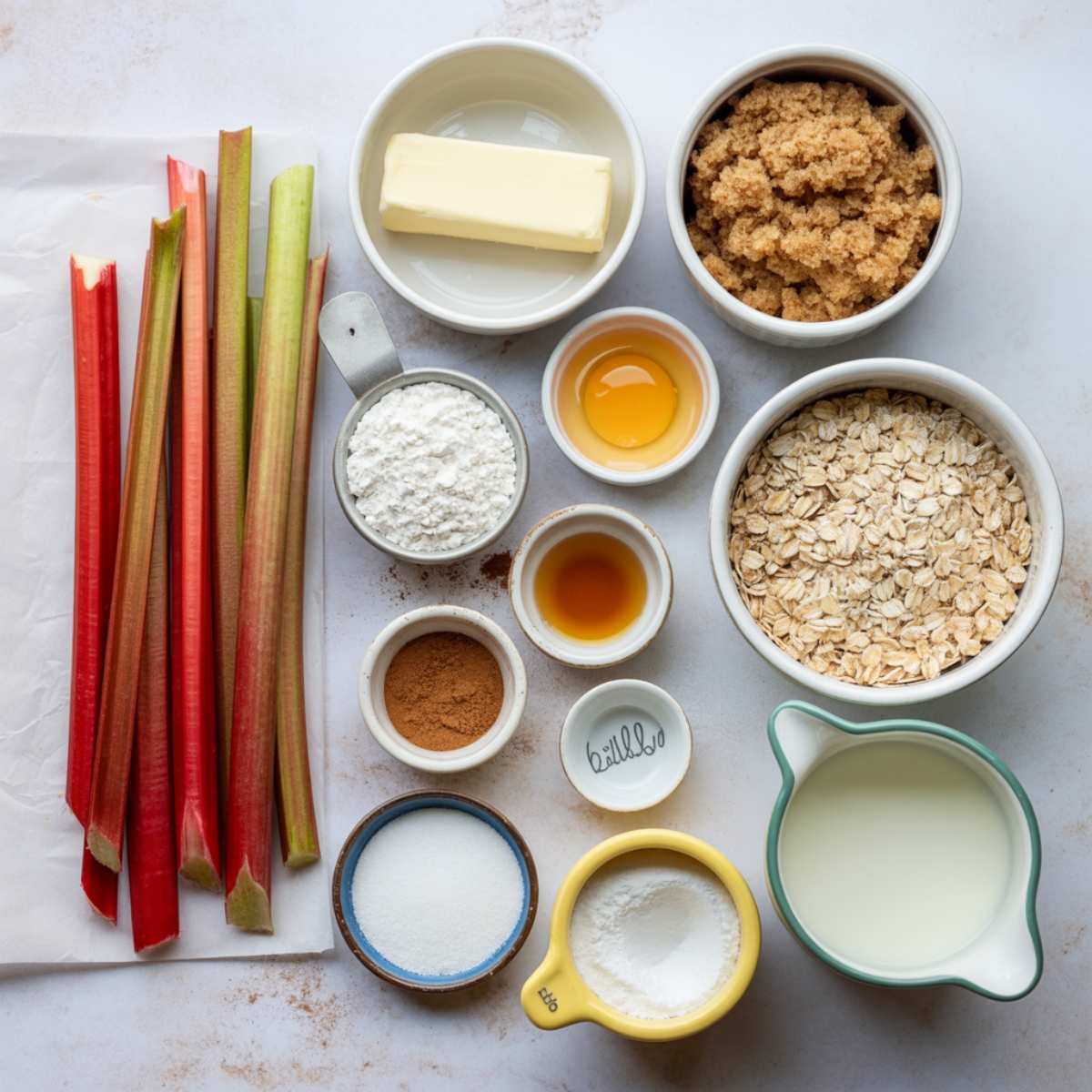 Ingredients for brown sugar rhubarb cookies on a white kitchen counter