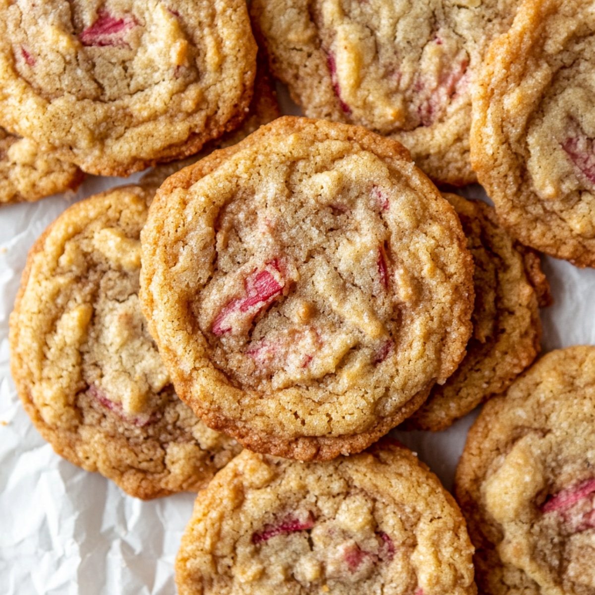 Freshly baked brown sugar rhubarb cookies on parchment paper