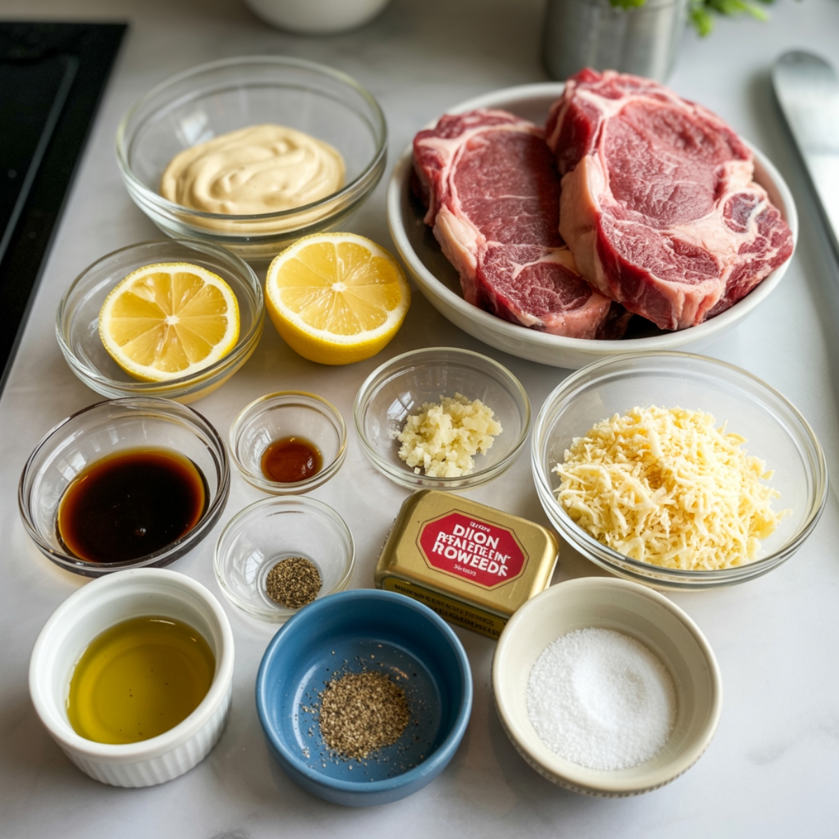 Caesar grilled steak ingredients on kitchen counter

