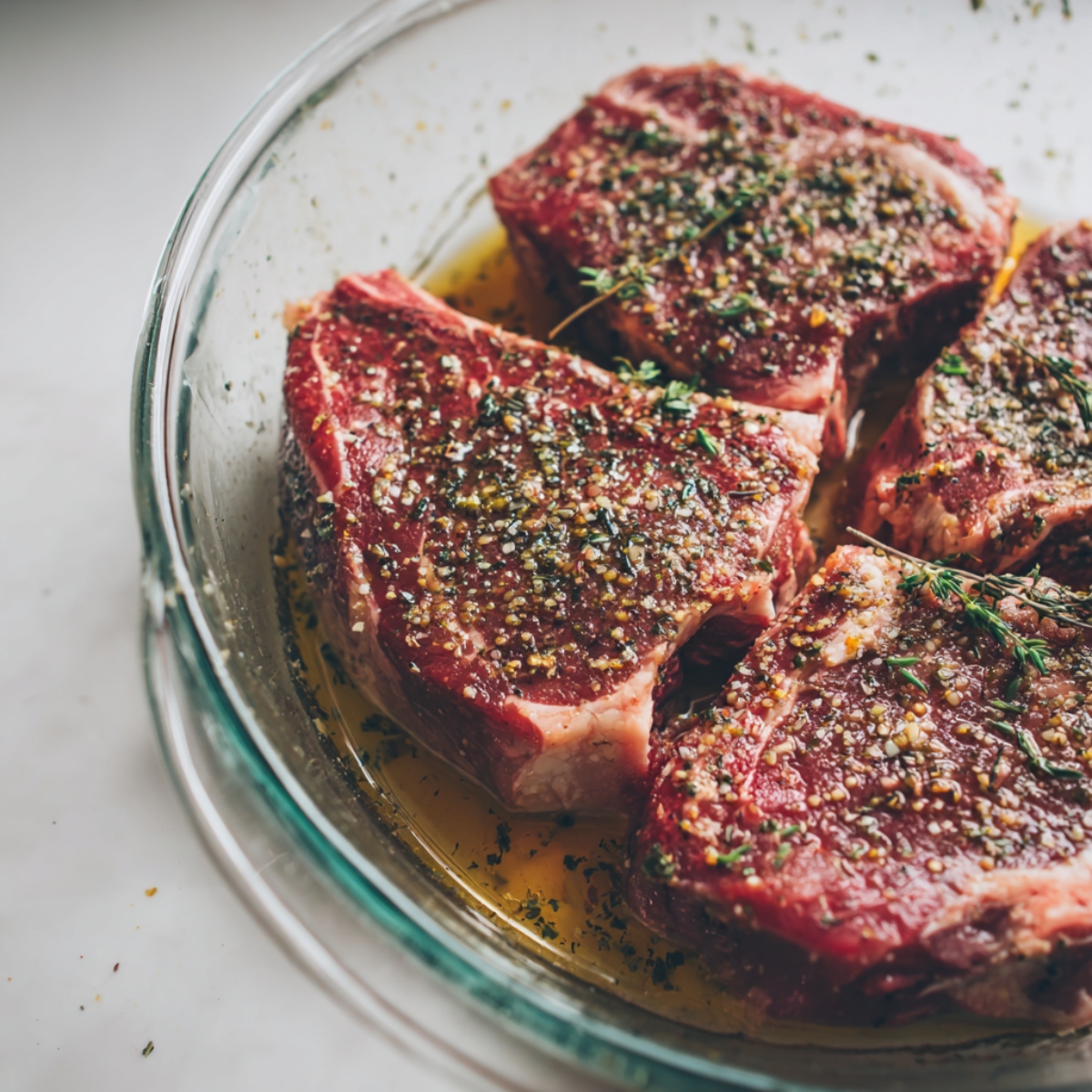 Steaks marinating in Caesar dressing for Caesar grilled steak

