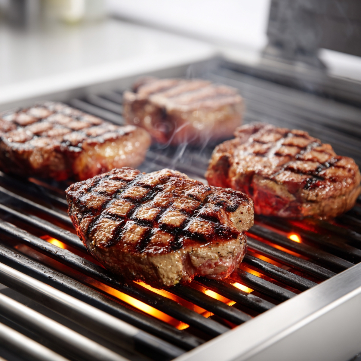 Caesar grilled steak cooking with char marks on grill