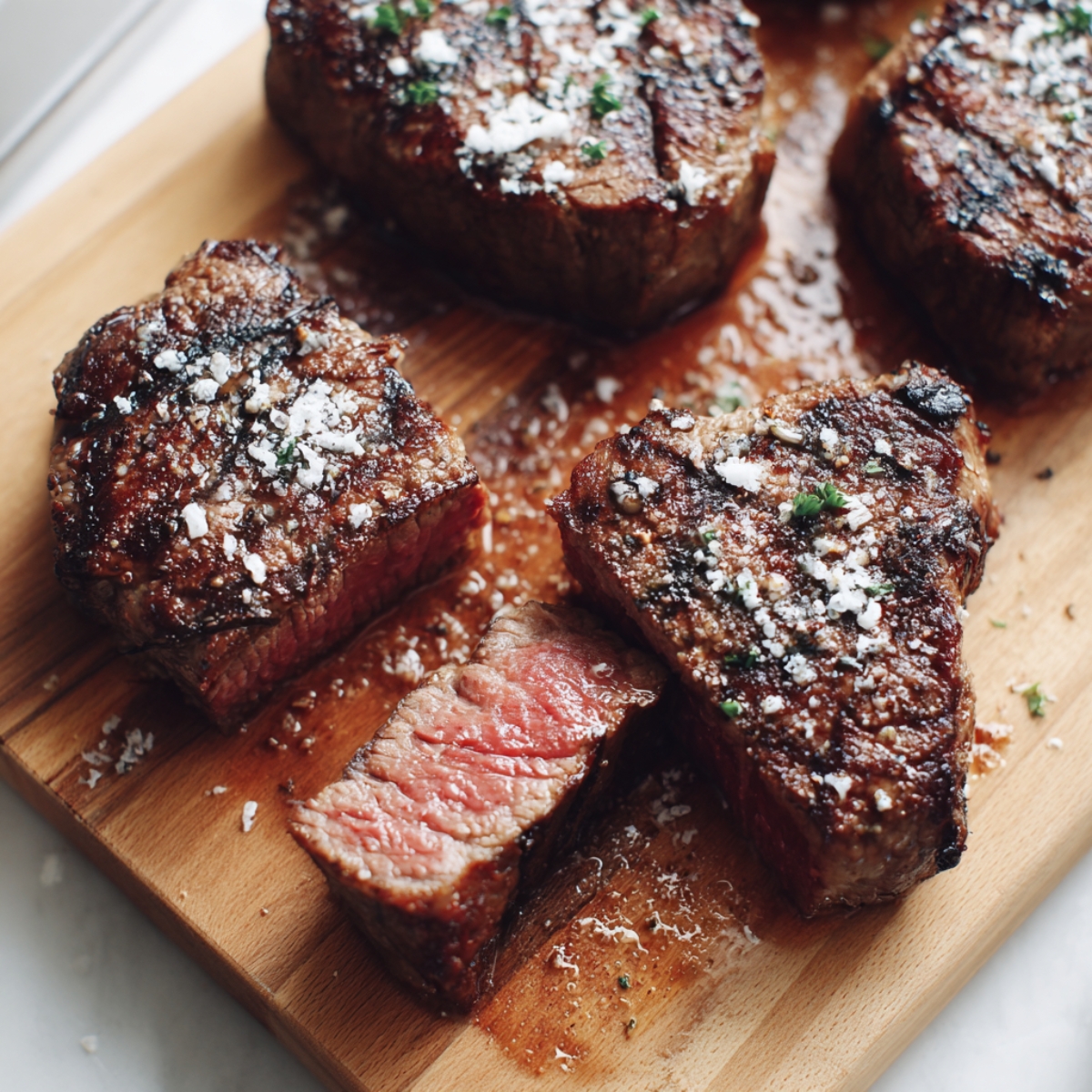 Sliced Caesar grilled steak resting on cutting board

