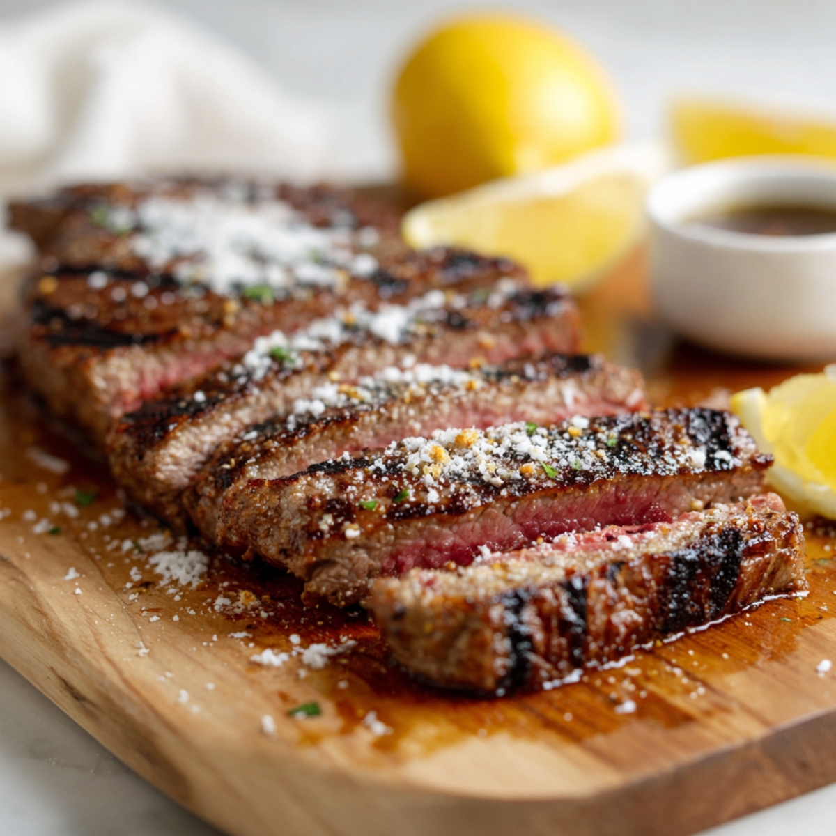 Sliced Caesar grilled steak with Parmesan on cutting board
