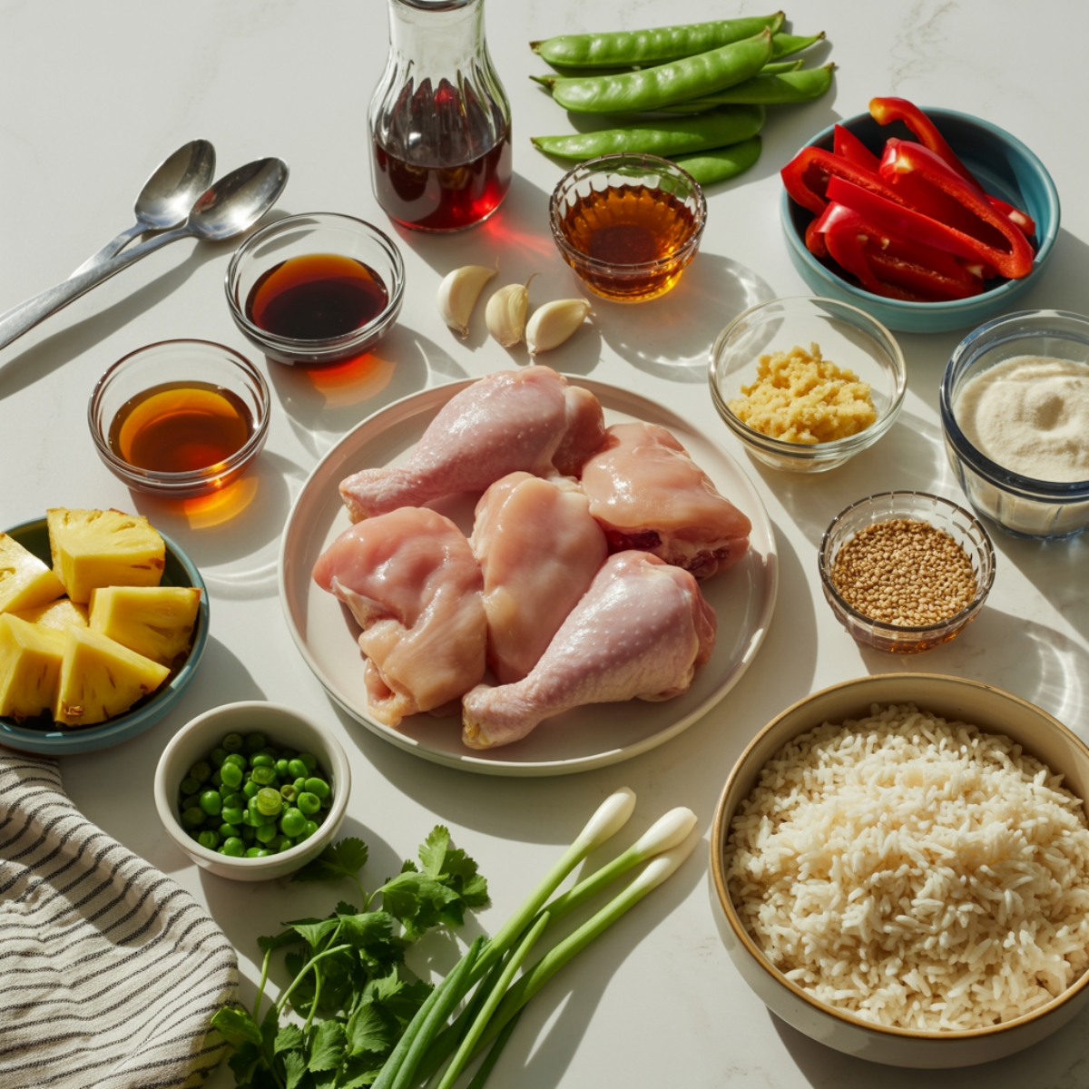 ingredients flat lay for chicken teriyaki pineapple bowl