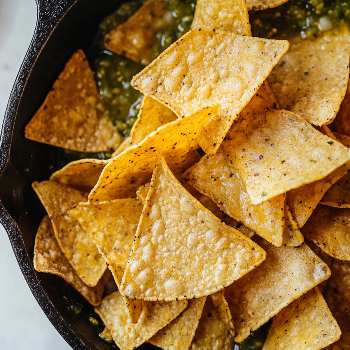 tortilla chips coated in salsa verde for chilaquiles verde