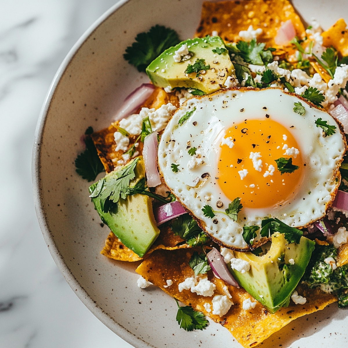  homemade chilaquiles verde with egg, crema, and avocado
