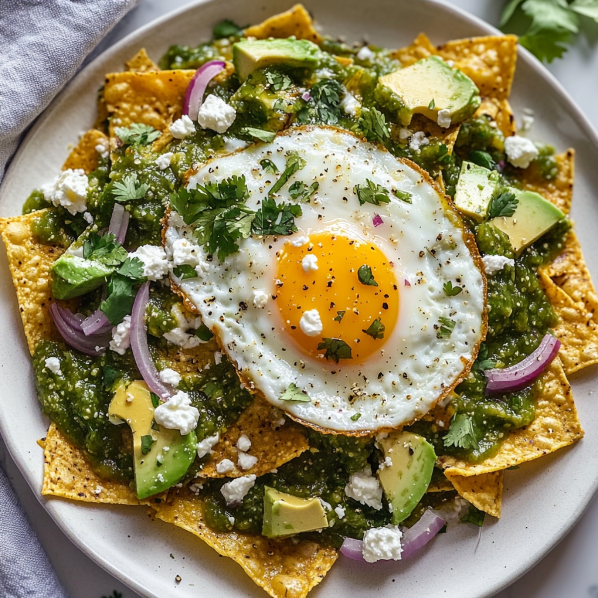 plated chilaquiles verde with egg, crema, and queso fresco