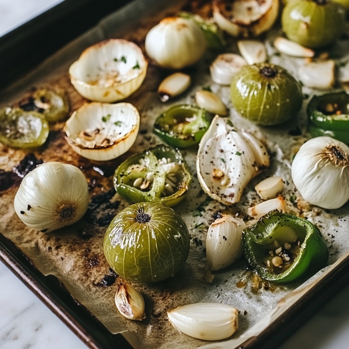 roasted tomatillos and peppers for chilaquiles verde salsa