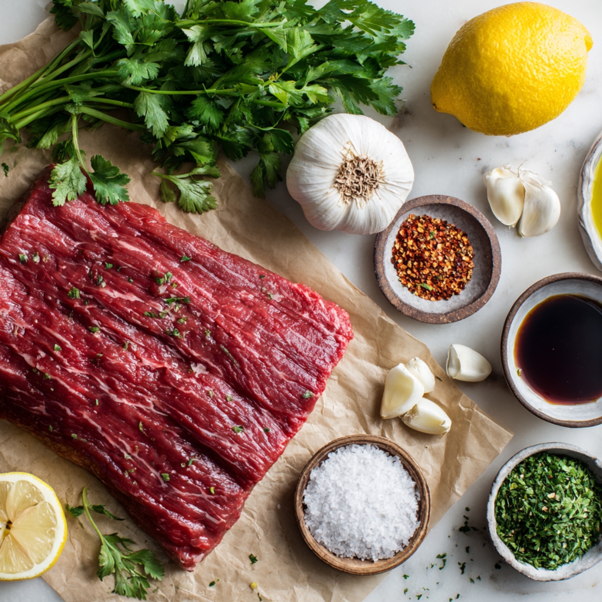 Close-up of chimichurri flank steak ingredients on white counter