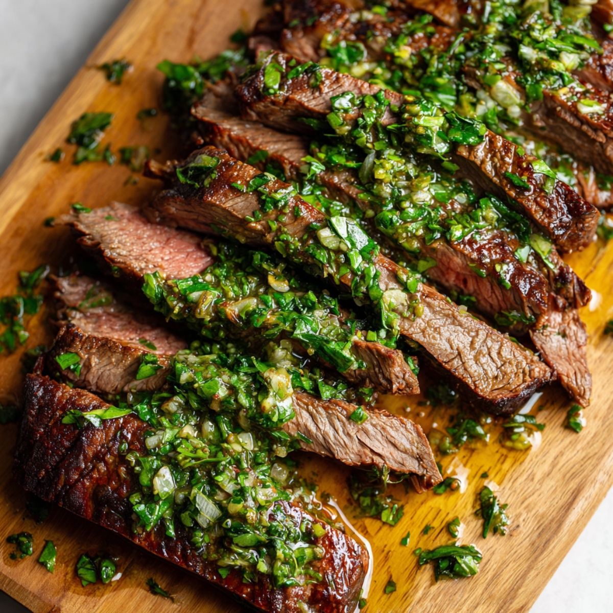 Close-up of sliced chimichurri flank steak on cutting board

