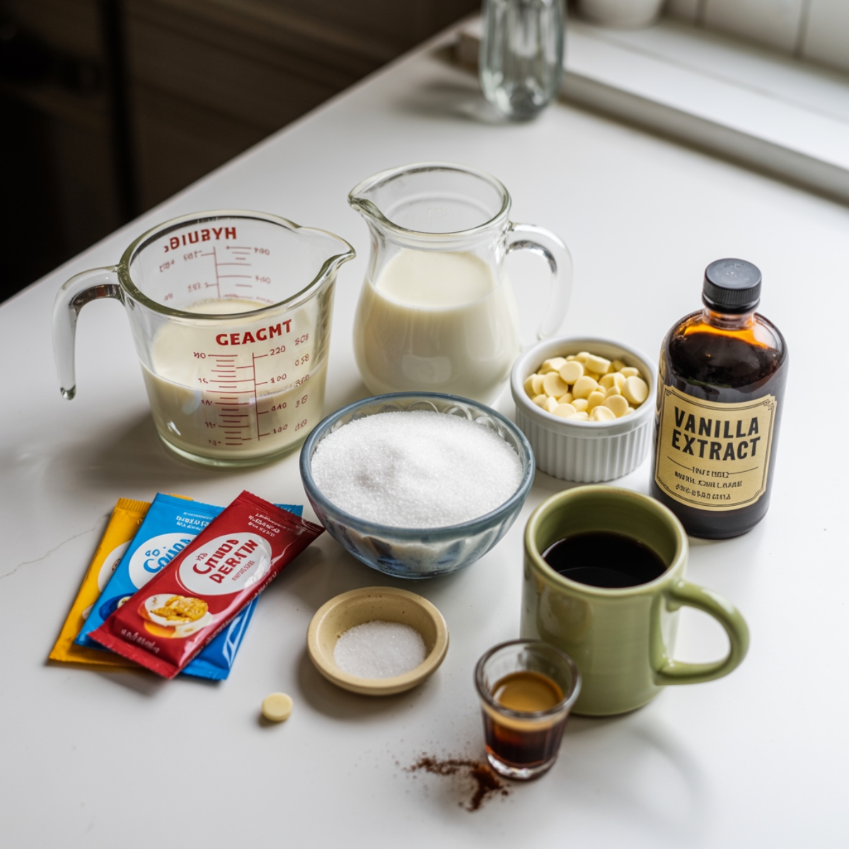 Ingredients for coffee panna cotta laid out on white kitchen counter

