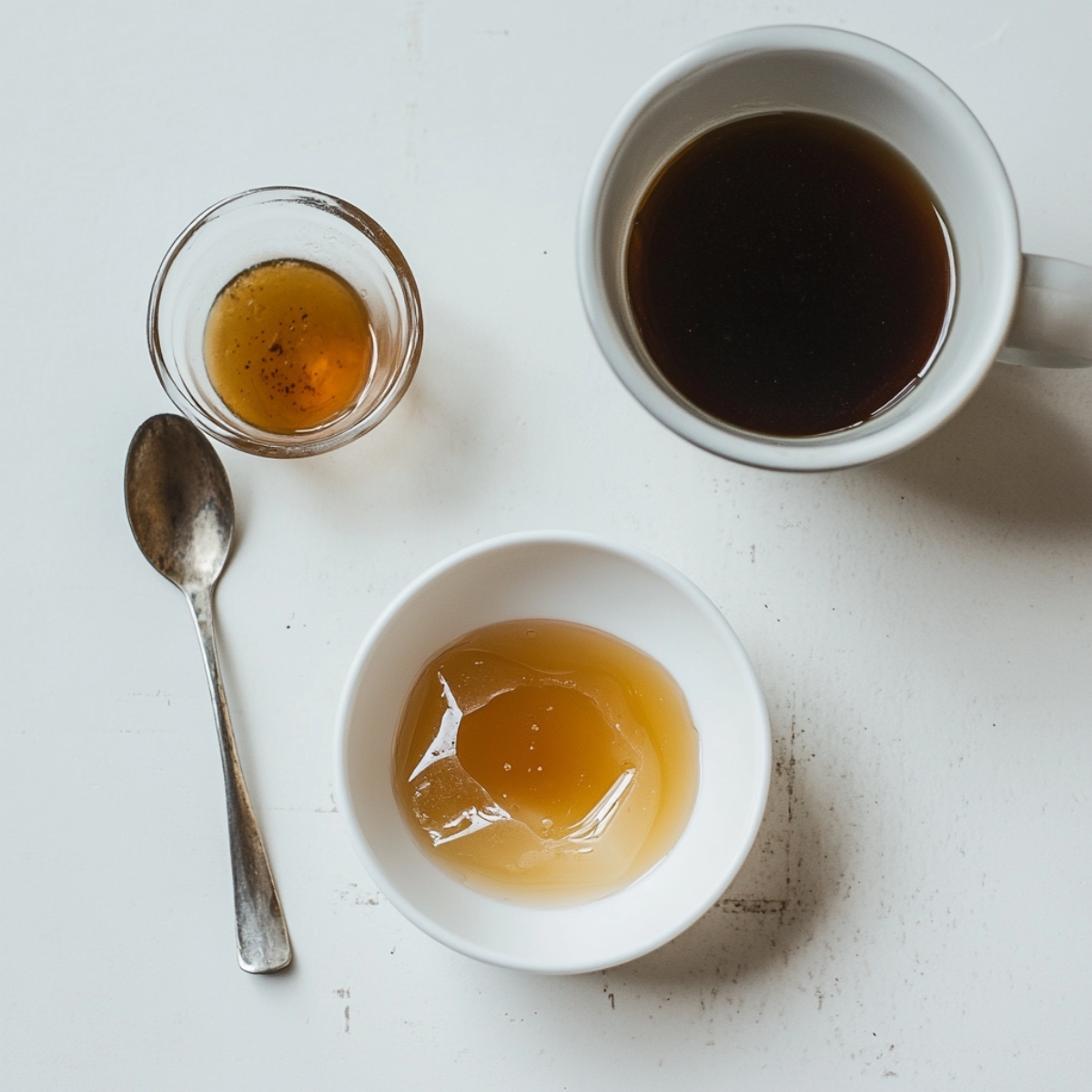 Bloomed gelatin and cooled coffee on white kitchen counter for panna cotta