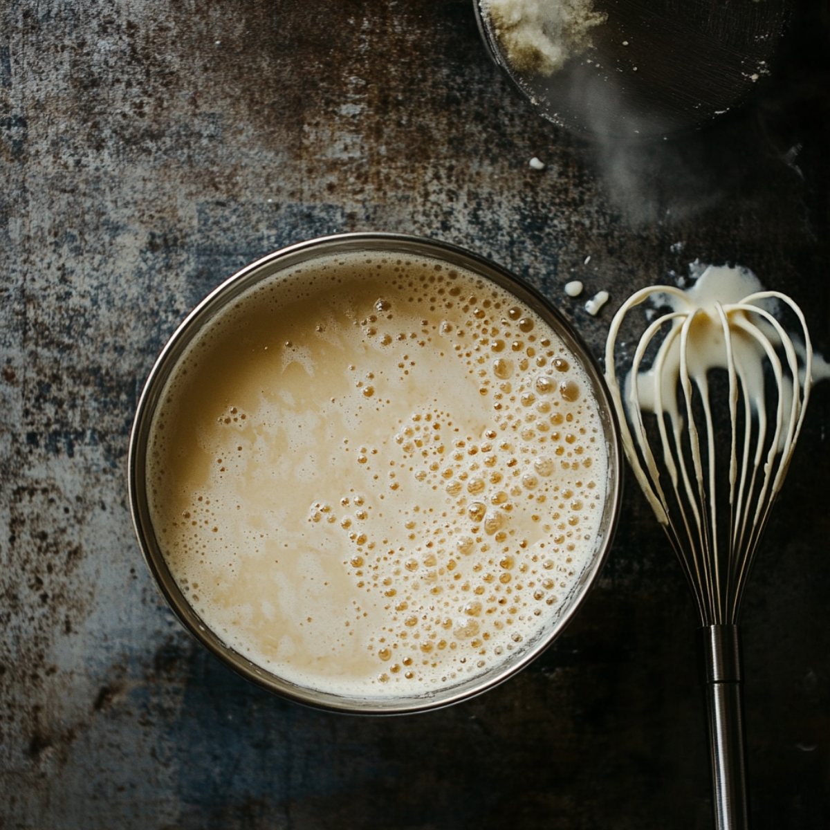Cream and milk mixture in saucepan just off heat for coffee panna cotta
