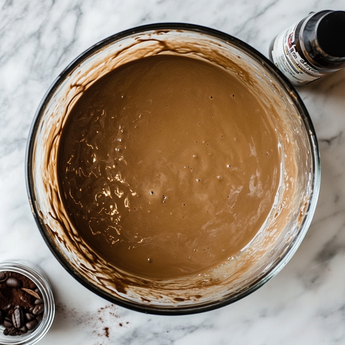 Coffee and cream mixture with strainer for homemade coffee panna cotta