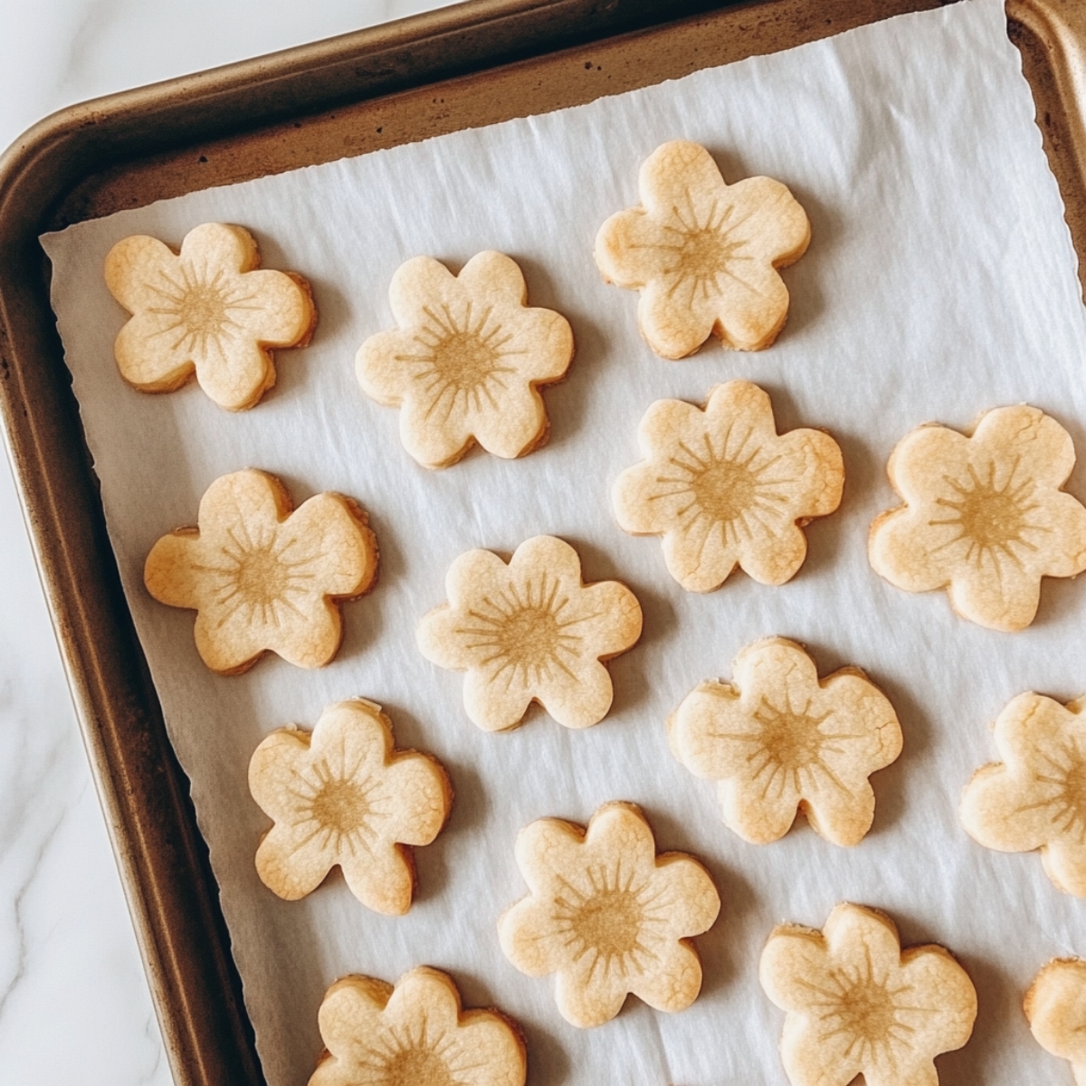 Unbaked flower-shaped sugar cookies on baking tray