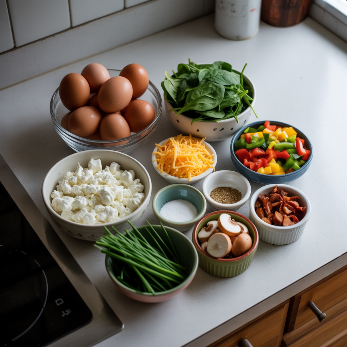Flat lay of ingredients for cottage cheese egg bites