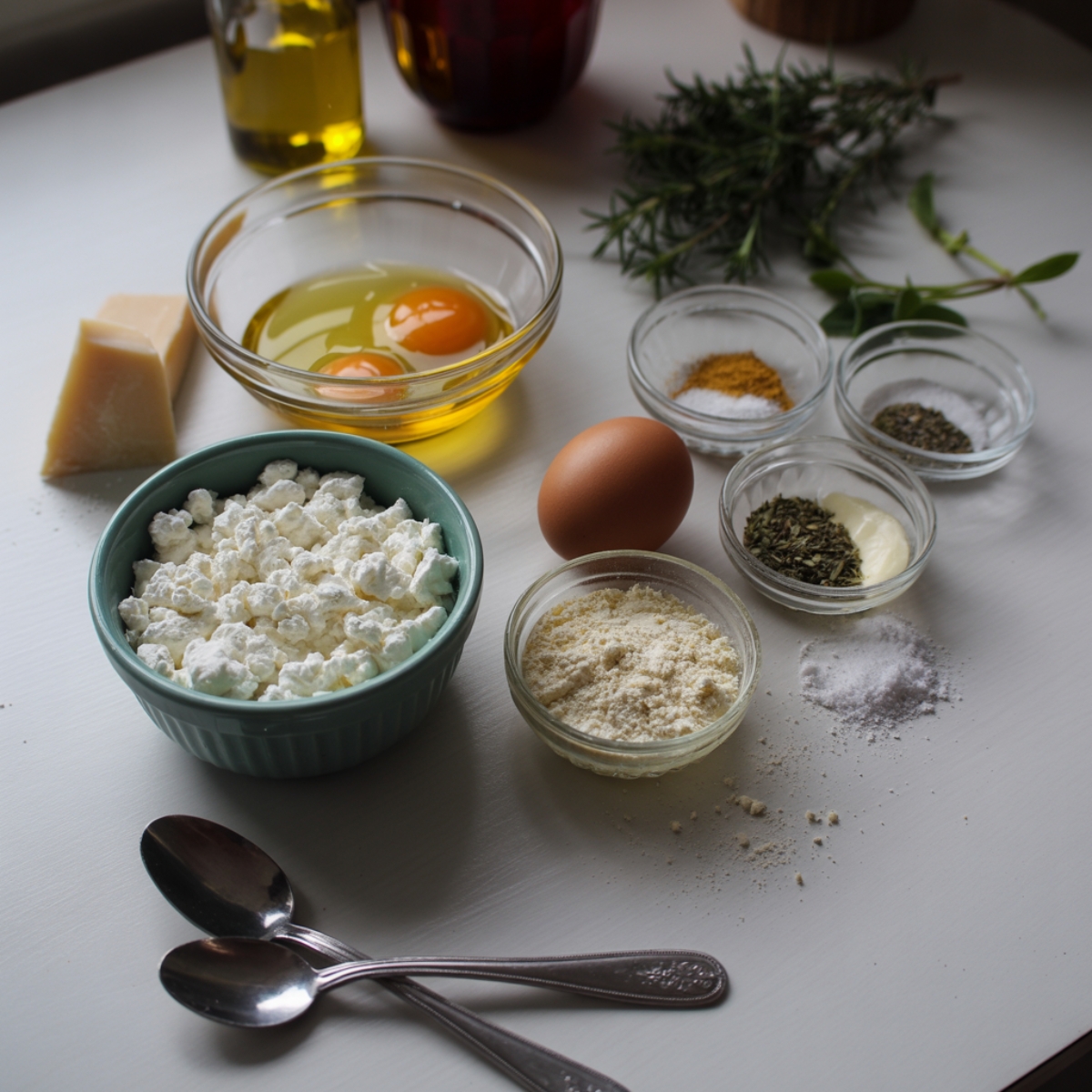 Cottage cheese flatbread ingredients arranged on white kitchen counter
