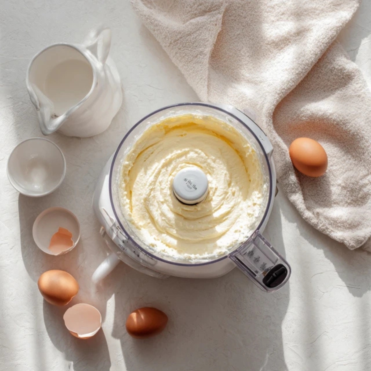 Blended cottage cheese and eggs in food processor on kitchen counter