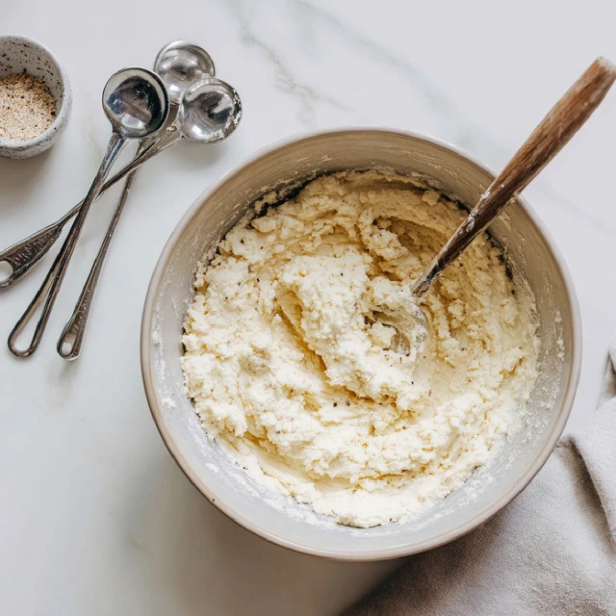 Cottage cheese flatbread batter in bowl with almond flour and herbs