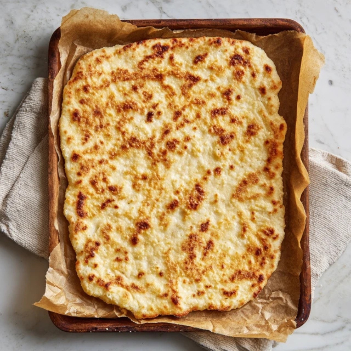 Baked golden cottage cheese flatbread on parchment paper