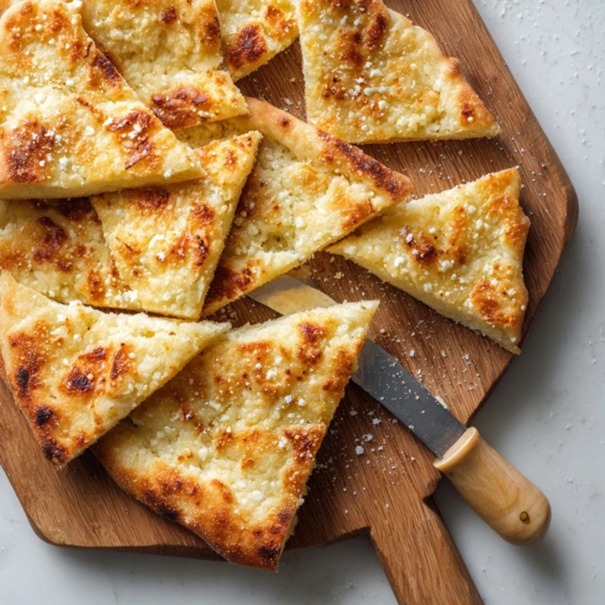 Sliced cottage cheese flatbread wedges on cutting board