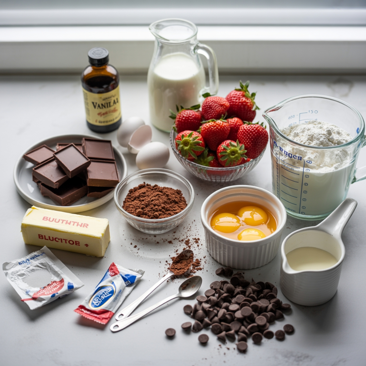 Ingredients for covered strawberry brownies on a white kitchen counte