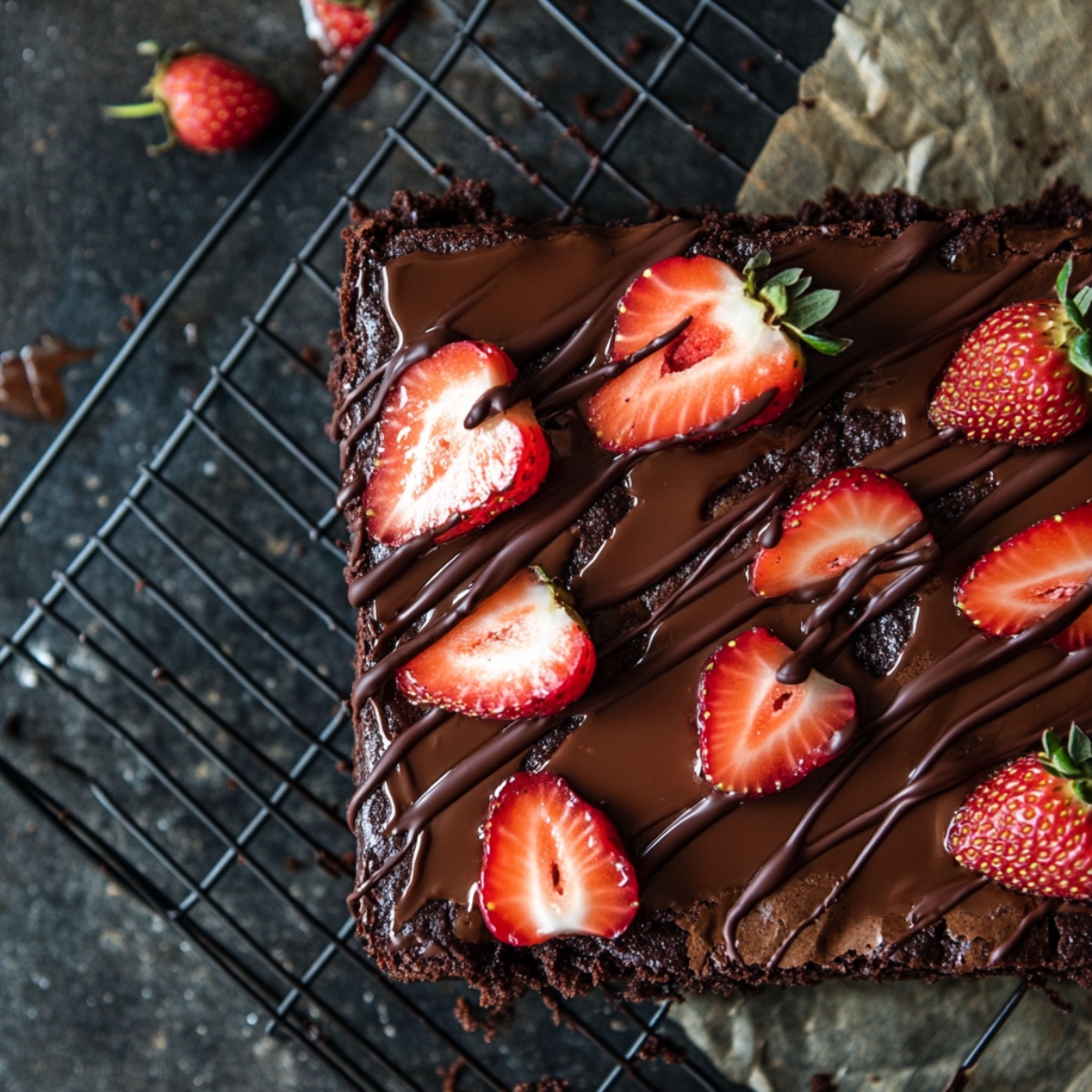 Finished covered strawberry brownies topped with strawberries and chocolate