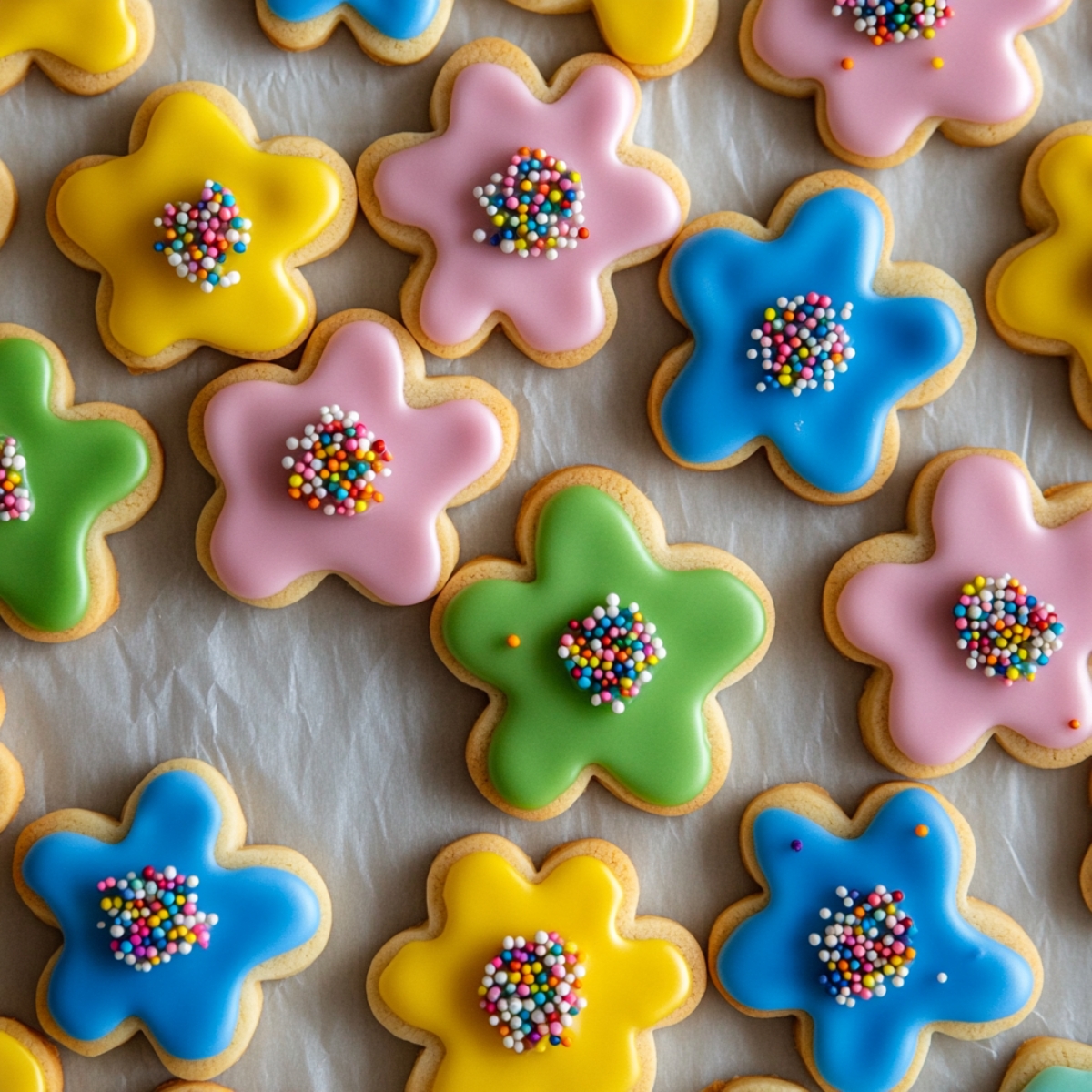 Decorated flower-shaped sugar cookies with colorful icing