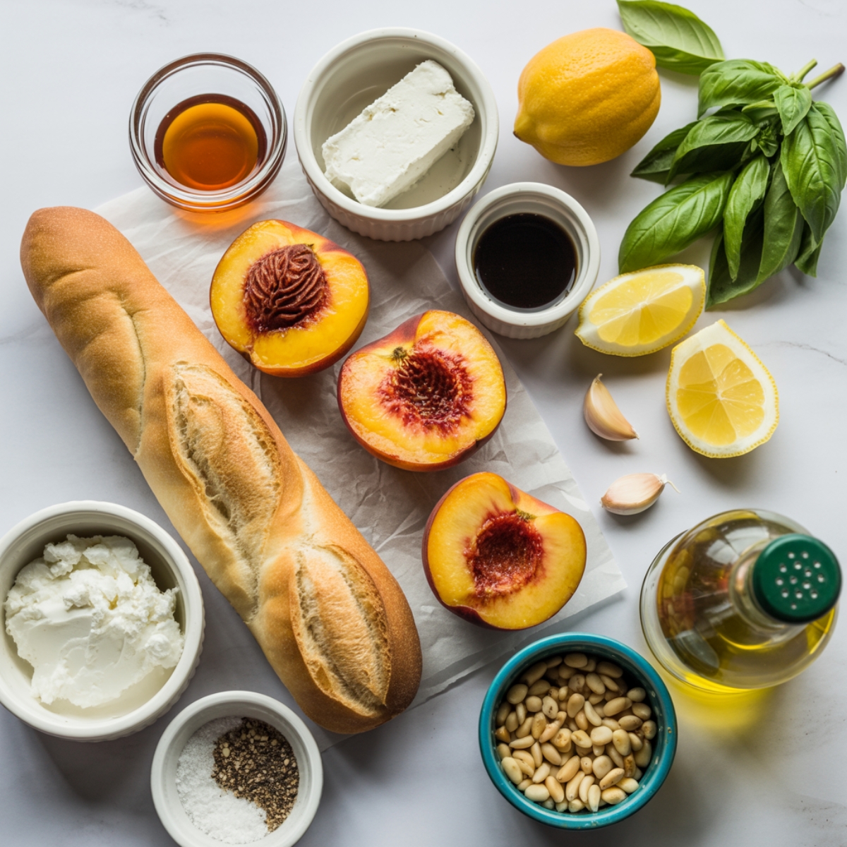 Ingredients for grilled peach crostini on white kitchen counter