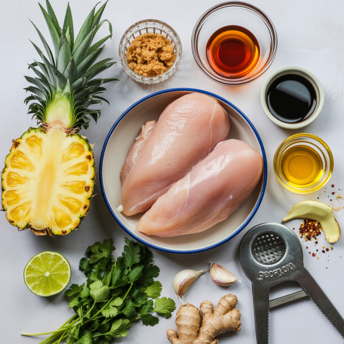 grilled pineapple chicken ingredients laid out on white kitchen counter