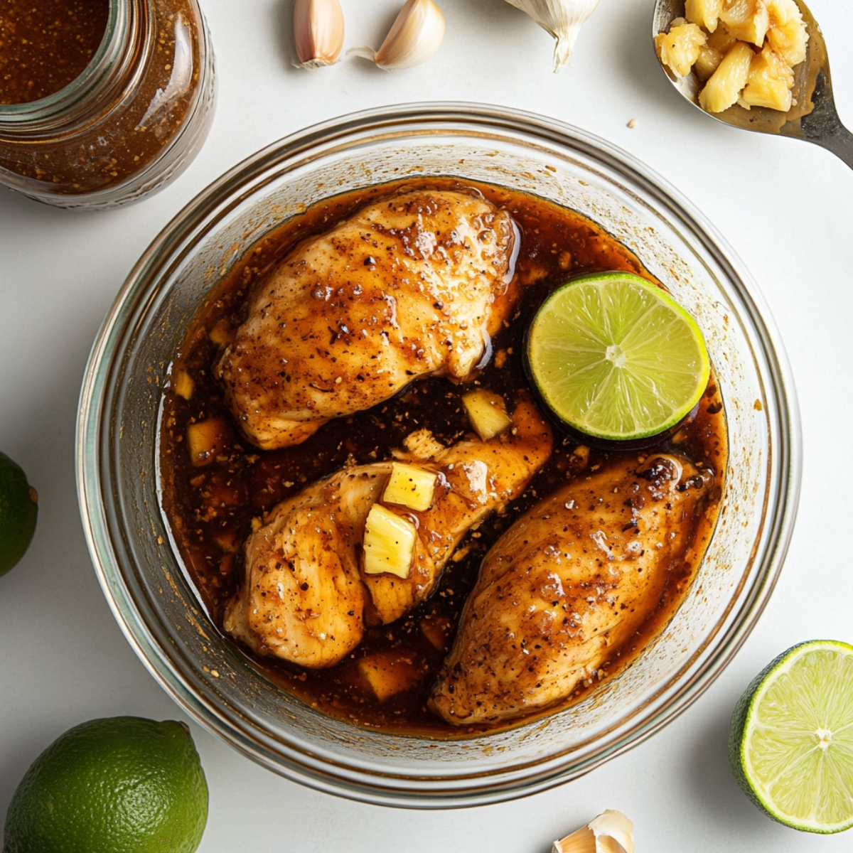 grilled pineapple chicken marinating in tropical pineapple soy marinade