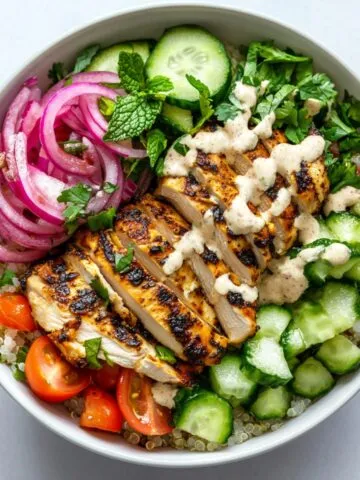 image of healthy chicken shawarma bowl with garlic sauce