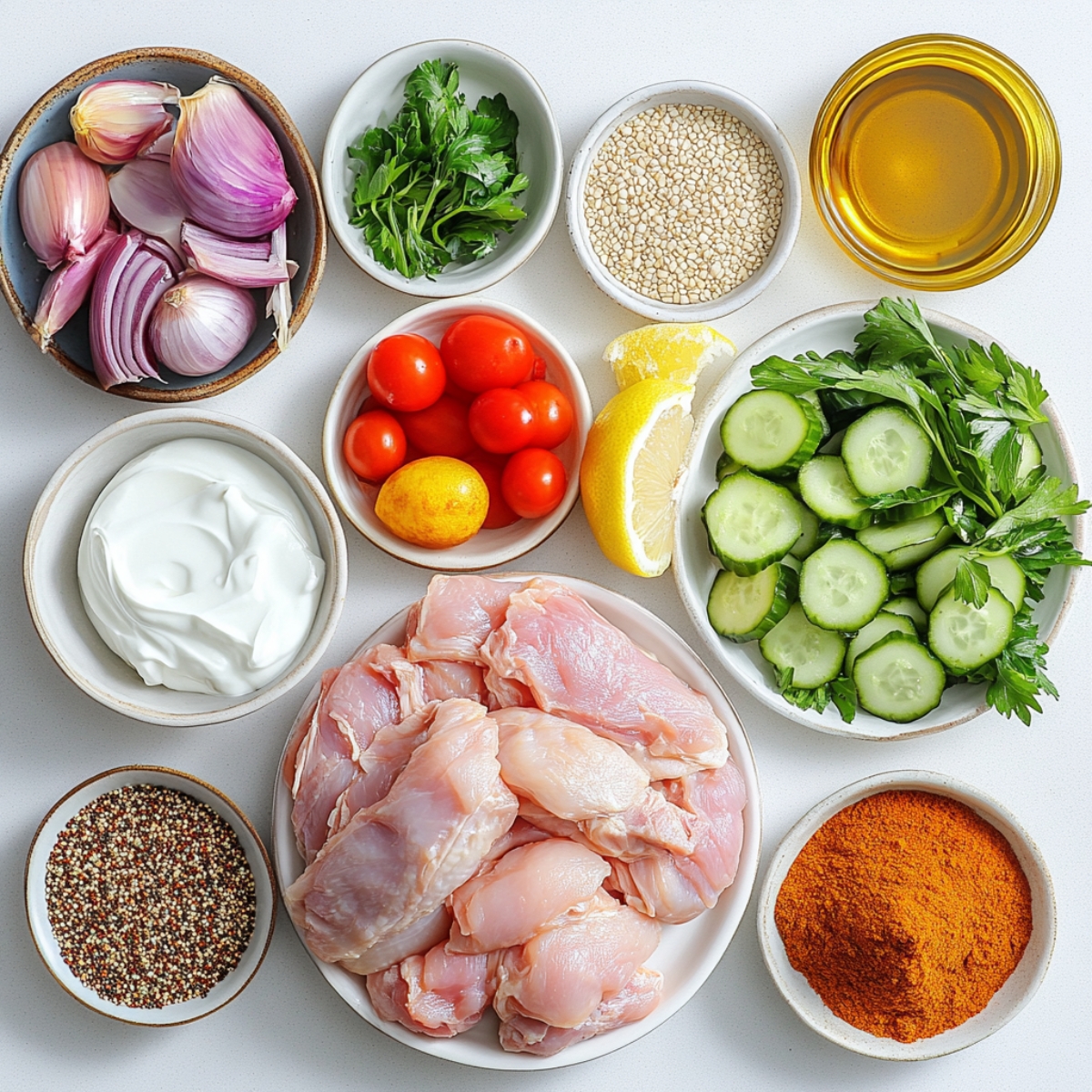 Ingredients layout for healthy chicken shawarma bowl recipe