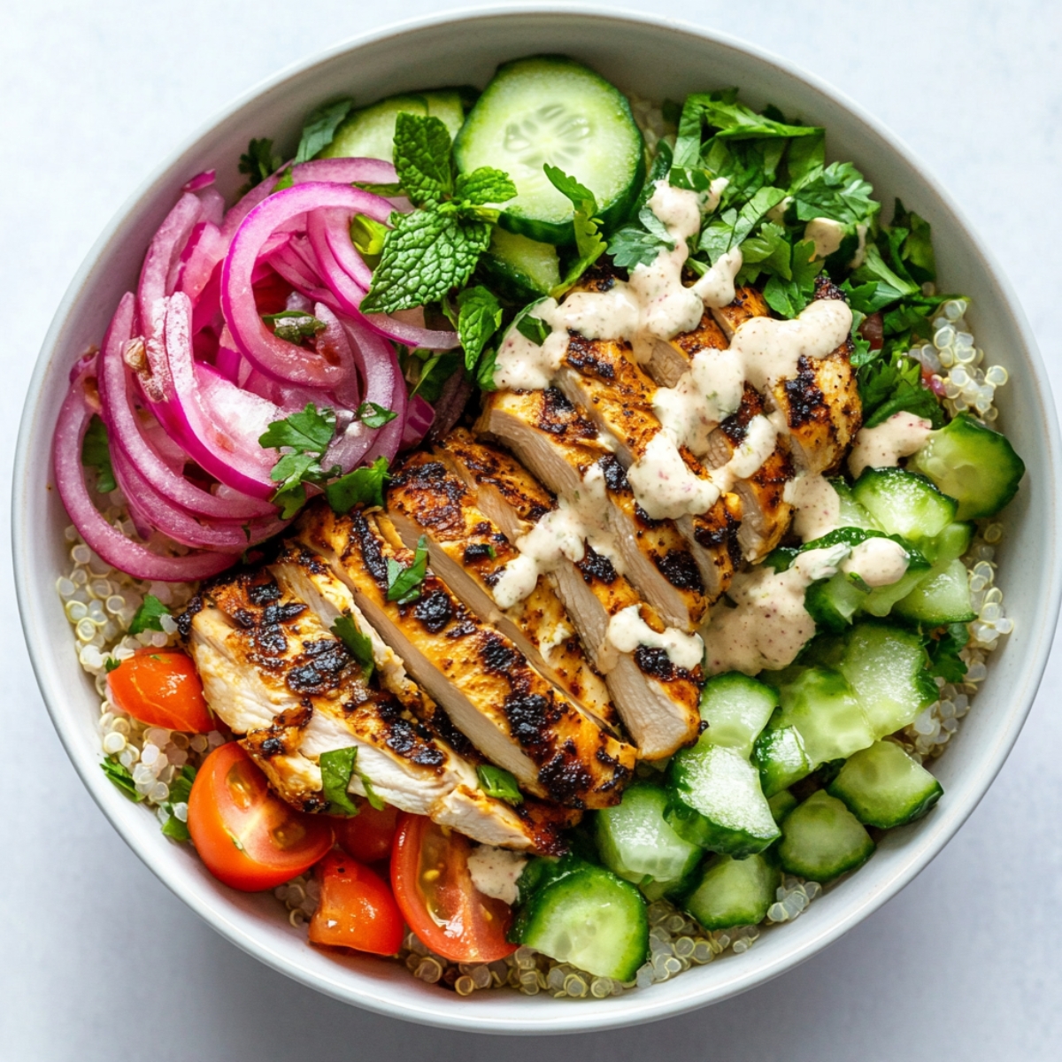  image of healthy chicken shawarma bowl with garlic sauce