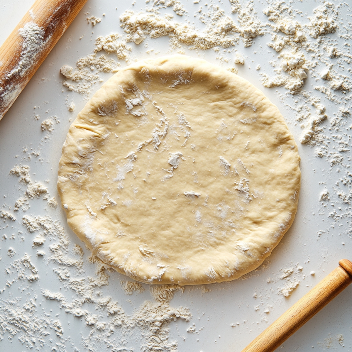 Homemade pie crust dough on floured surface