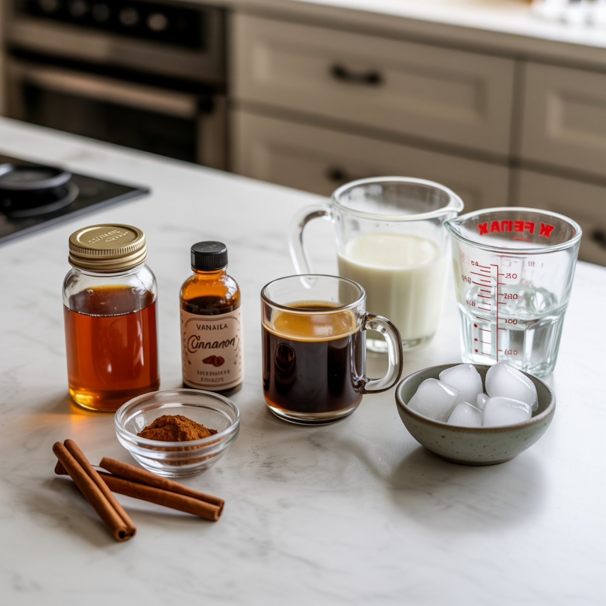 Ingredients for iced honey cinnamon latte on white kitchen counter