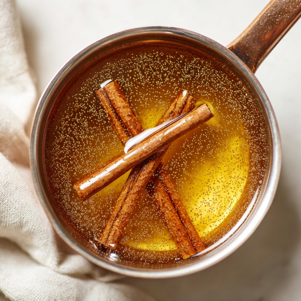 Cinnamon honey syrup for iced honey cinnamon latte cooling in saucepan