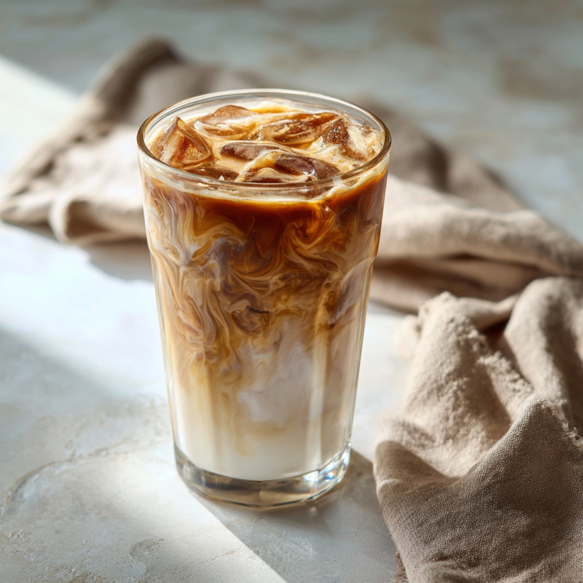 Layered iced honey cinnamon latte with milk, espresso, and syrup in tall glass
