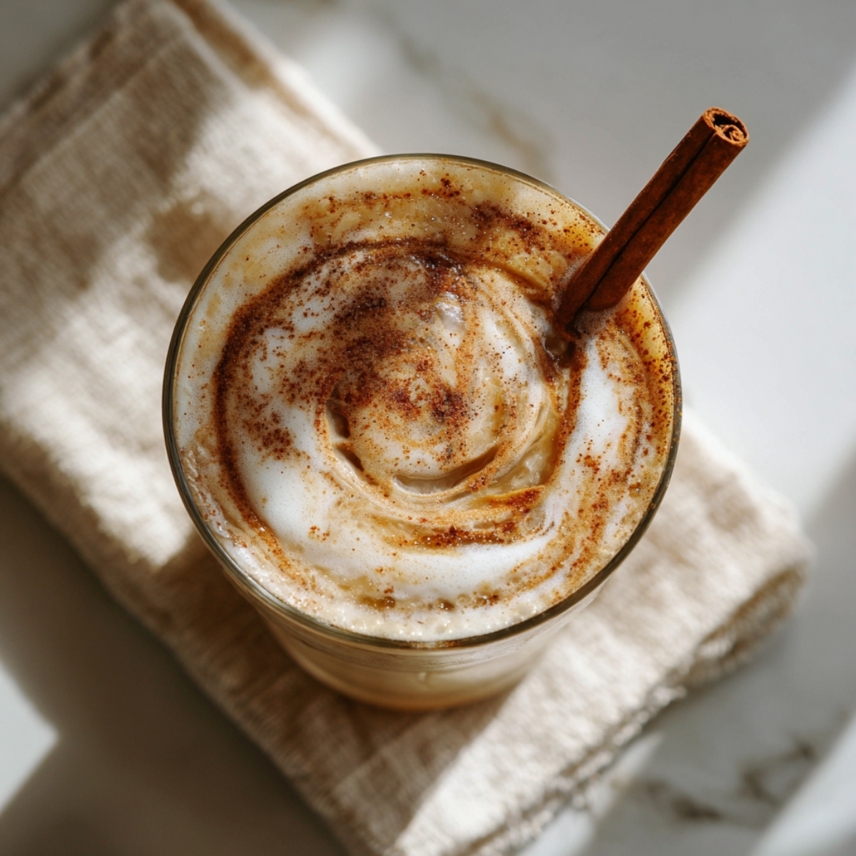 Garnished iced honey cinnamon latte with cinnamon and honey drizzle
