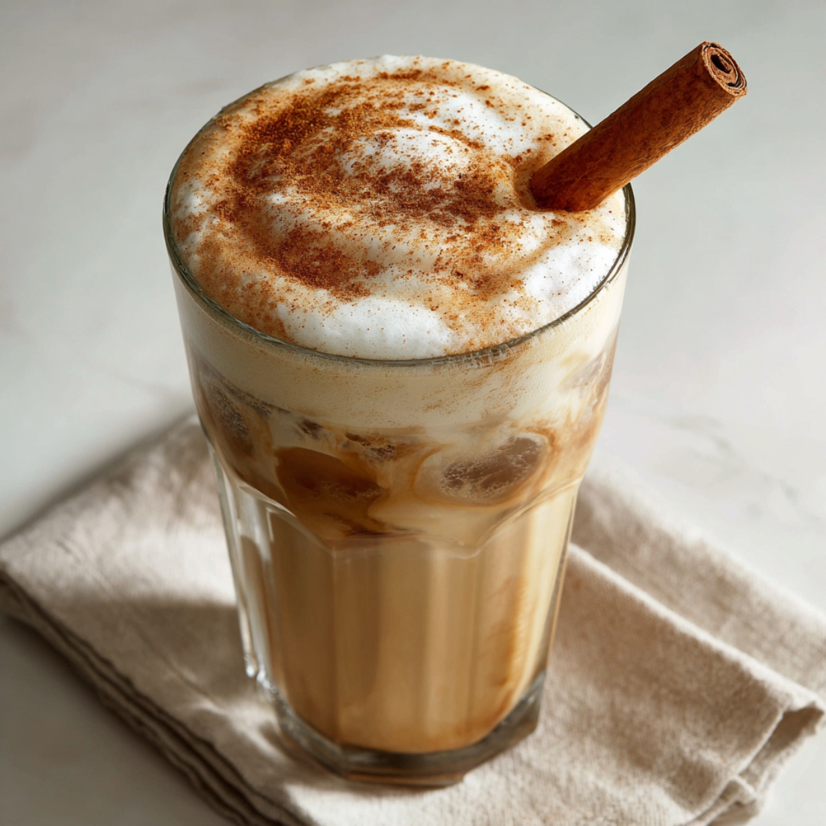 Finished iced honey cinnamon latte with cinnamon stick and honey on top