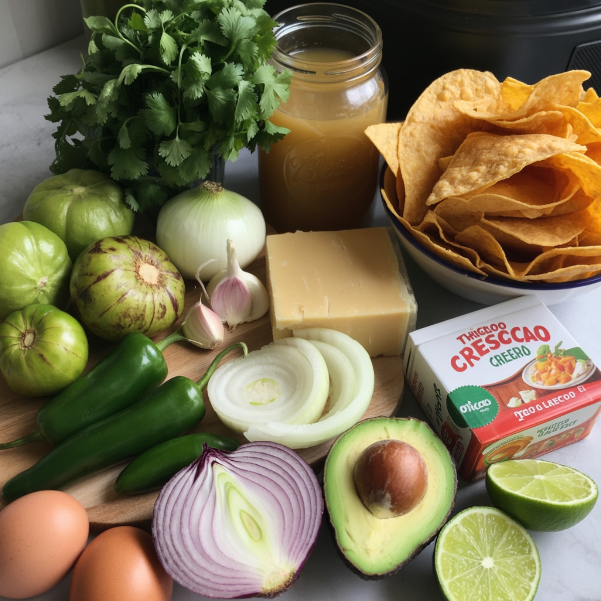 ingredients for chilaquiles verde on white kitchen counter